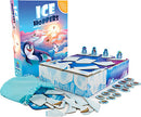 Ice Hoppers game by Blue Orange U.S.A. featuring a colorful box with a penguin on the cover, game pieces including ice tiles and penguin figures, and a fabric bag. Perfect for family fun and strategy gameplay.
