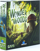 Wonder Woods game by Blue Orange U.S.A. with a vibrant forest scene on the box. Features mushrooms and trees, designed for 2-5 players ages 8 and up, with a playtime of about 15 minutes.