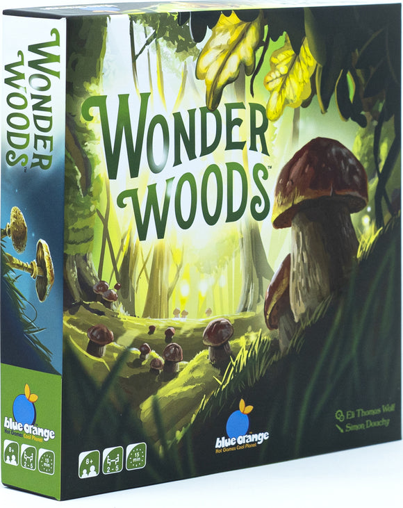 Wonder Woods game by Blue Orange U.S.A. with a vibrant forest scene on the box. Features mushrooms and trees, designed for 2-5 players ages 8 and up, with a playtime of about 15 minutes.