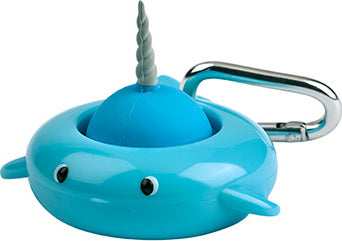 A vibrant blue keychain featuring a playful narwhal design with a round blue body and a twisty gray horn. The keychain is attached to a silver carabiner, making it easy to clip onto bags or keys. Its adorable appearance adds a fun touch to everyday accessories, perfect for narwhal enthusiasts or as a playful gift.