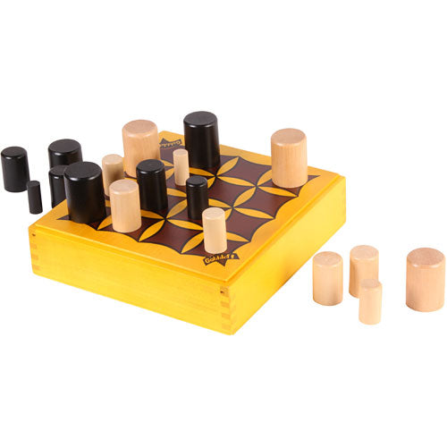 Gobblet game by Blue Orange U.S.A., featuring a colorful board with a floral design and various wooden pieces in black and natural colors, arranged on the board and beside it.