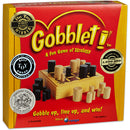 Gobblet board game by Blue Orange U.S.A., featuring a colorful box design with the title 'Gobblet!' and illustrations of game pieces. The game is played by two players and is suitable for ages seven and up. The box highlights various awards and recognitions the game has received, showcasing its strategy-based gameplay and fun components.