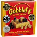 Gobblet game box by Blue Orange U.S.A. featuring a colorful design. It includes a game board with wooden pieces in various colors and shapes. The box highlights multiple awards and indicates the game is suitable for 2 players aged 7 and up, focused on strategy and fun.
