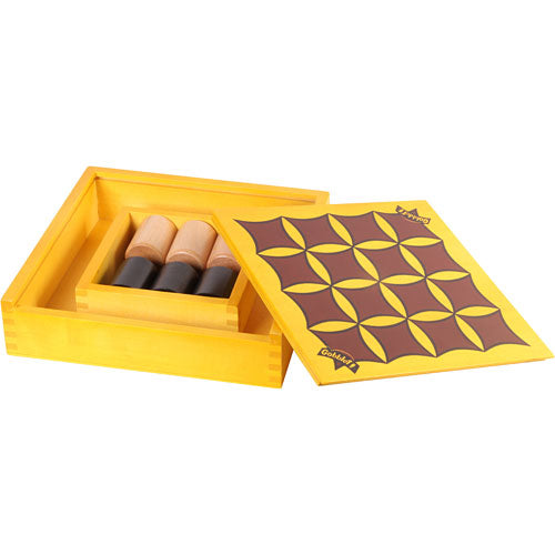 Gobblet game by Blue Orange U.S.A. featuring a vibrant yellow box with a geometric design on the lid. Inside, there are three wooden pieces in black and natural tones, ready for strategic gameplay.