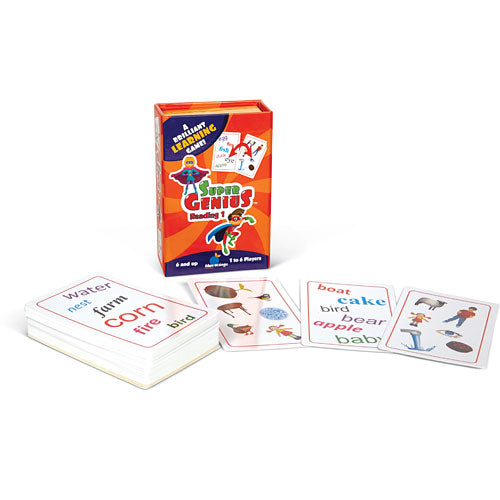 Super Genius: Reading 1 card game by Blue Orange U.S.A., showing a colorful box with educational graphics and several game cards displaying words and illustrations.