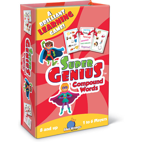 Super Genius: Compound Words game by Blue Orange U.S.A. Features colorful box with superheroes, vibrant red background, and educational content. Ideal for 1 to 6 players aged 8 and up, designed to enhance learning through fun gameplay.