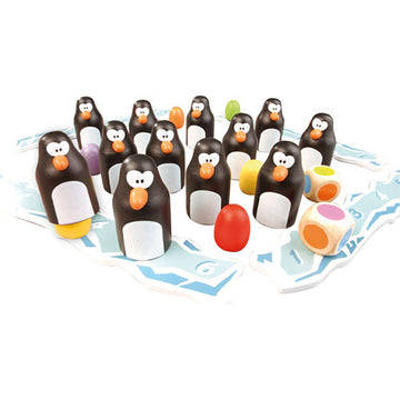 Pengoloo game by Blue Orange U.S.A. featuring a vibrant game board designed like ice, surrounded by 16 cute penguin pieces in varying colors, along with colorful dice. Ideal for family fun and enhancing memory skills.