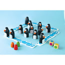 Pengoloo game by Blue Orange U.S.A., featuring colorful penguin figurines on a blue board. Children can roll dice and strategize to collect penguins. The game encourages fun interaction and develops critical thinking skills.