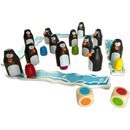 Pengoloo game by Blue Orange U.S.A., featuring colorful penguin figures on a snowy landscape board. Players roll dice to move their penguins and collect colored eggs, promoting strategy and interactive play for families and kids.