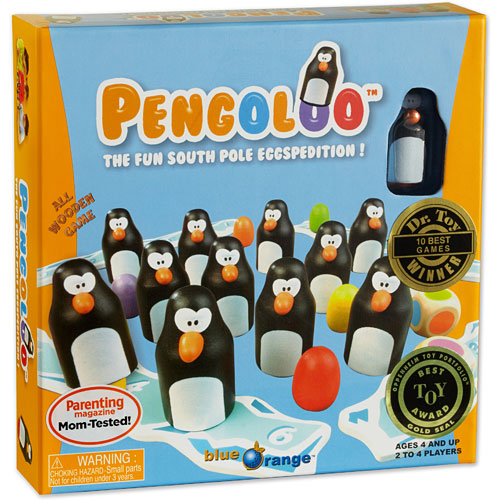 The game Pengoloo by Blue Orange U.S.A. features colorful penguin figures and egg tokens. The box showcases a fun South Pole theme, designed for 2 to 4 players. Ideal for family game night, it promotes interactive play and cognitive skills. The game includes wooden components and has received accolades from Parenting magazine for being mom-tested.