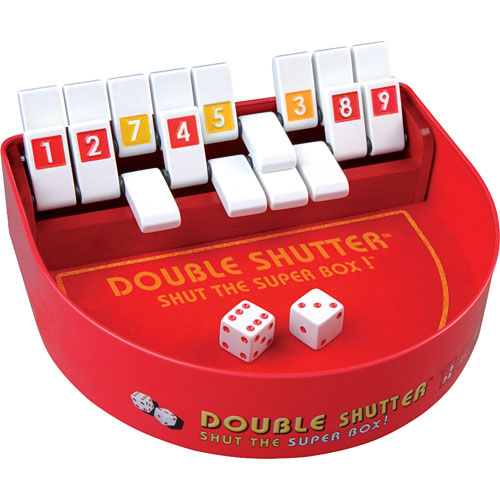 Double Shutter game by Blue Orange U.S.A. featuring a red game board with numbered tiles and two white dice, designed for interactive fun and strategy.