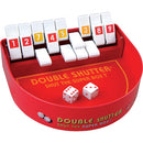 Double Shutter game by Blue Orange U.S.A. featuring a red game board with numbered tiles and two white dice, designed for interactive fun and strategy.