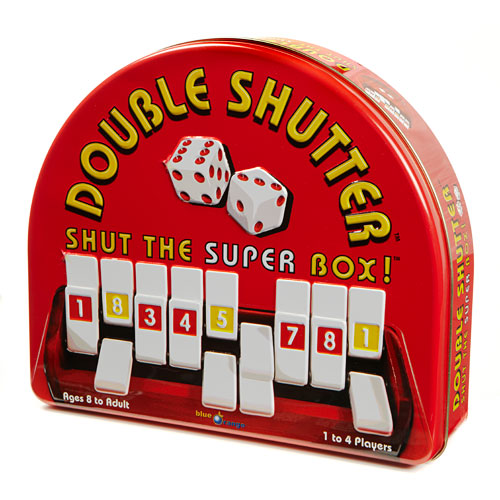 Double Shutter board game by Blue Orange U.S.A., featuring a vibrant red box with the game title prominently displayed. The game includes two dice and numbered tiles arranged in a row, designed for 1 to 4 players, suitable for ages 8 and up.