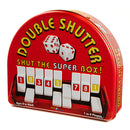 Double Shutter board game by Blue Orange U.S.A., featuring a vibrant red box with the game title prominently displayed. The game includes two dice and numbered tiles arranged in a row, designed for 1 to 4 players, suitable for ages 8 and up.