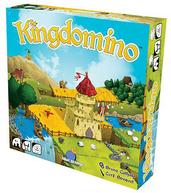 Kingdomino board game by Blue Orange U.S.A. featuring a colorful box design with a castle, rivers, and fields on the cover. The artwork showcases a whimsical landscape with various elements like trees and animals, ideal for family and friends game nights.