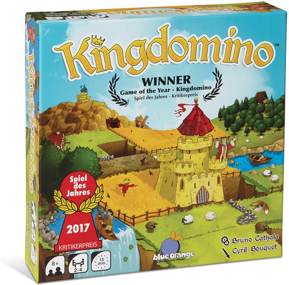 Kingdomino board game box featuring colorful illustrations of a castle, a river, and landscapes. The top highlights 'Winner Game of the Year' with a gold laurel emblem. The design showcases farming and building activities indicative of its strategic gameplay. Created by Blue Orange U.S.A., this game is suitable for 2-4 players aged 8 and above and offers fun in about 15 minutes of play.