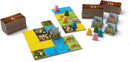 Kingdomino board game by Blue Orange U.S.A., featuring colorful tiles and wooden pieces. Various land and building tiles are displayed, alongside player pawns and numbered stacks.