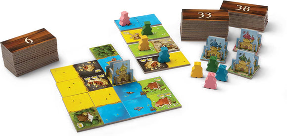 Kingdomino board game by Blue Orange U.S.A., featuring colorful tiles and wooden pieces. Various land and building tiles are displayed, alongside player pawns and numbered stacks.