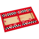 Fastrack game by Blue Orange U.S.A. featuring a vibrant red wooden board with contrasting black and white checkered patterns. The game includes wooden pieces and elastic bands for a fast-paced challenge, perfect for family fun and enhancing hand-eye coordination.