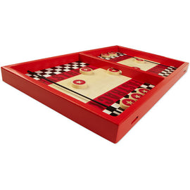 Fastrack game by Blue Orange U.S.A. featuring a vibrant red wooden frame with a checkerboard pattern. The game includes round playing pieces and is designed for fast-paced competitive play, suitable for family and friends.