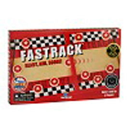 Fastrack game by Blue Orange U.S.A. featuring a vibrant red box adorned with a checkered pattern. The title 'Fastrack' is boldly displayed on the front, highlighting its fast-paced gameplay for family and friends. The box includes game components and instructions for play, emphasizing excitement and fun for all ages.