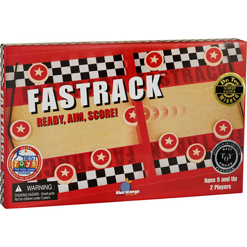 Fastrack game box by Blue Orange U.S.A. featuring a red and black design with checkered patterns. The box displays the title 'Fastrack: Ready, Aim, Score!' and highlights it has won awards as one of the top 10 games. The age recommendation is 5 and up for 2 players, with a warning about small parts for children under 3 years.