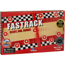 Fastrack game box by Blue Orange U.S.A. featuring a red and black design with checkered patterns. The box displays the title 'Fastrack: Ready, Aim, Score!' and highlights it has won awards as one of the top 10 games. The age recommendation is 5 and up for 2 players, with a warning about small parts for children under 3 years.