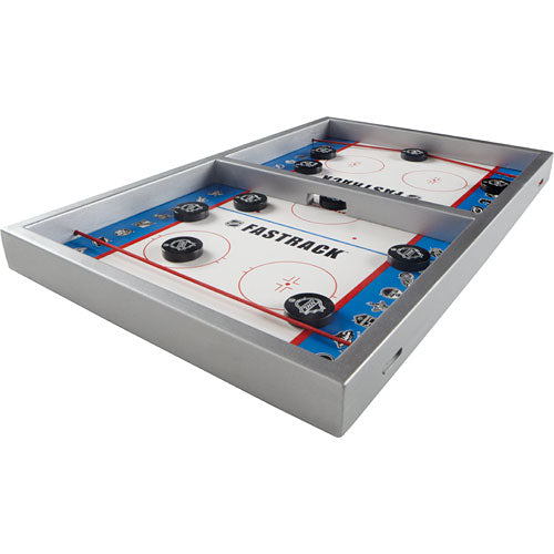 Fastrack game by Blue Orange U.S.A. features a sleek, silver frame with two side-by-side playing areas and black pucks. Perfect for fast-paced air hockey fun, promoting competitive play and hand-eye coordination.