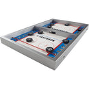 Fastrack game by Blue Orange U.S.A. features a sleek, silver frame with two side-by-side playing areas and black pucks. Perfect for fast-paced air hockey fun, promoting competitive play and hand-eye coordination.