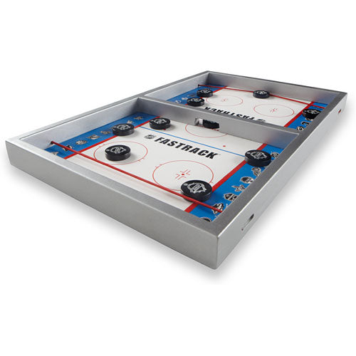 Fastrack game by Blue Orange U.S.A., featuring a fast-paced tabletop air hockey setup with two scoring areas, pucks, and a sleek silver frame, perfect for fun play with friends and family.