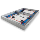 Fastrack game by Blue Orange U.S.A., featuring a fast-paced tabletop air hockey setup with two scoring areas, pucks, and a sleek silver frame, perfect for fun play with friends and family.