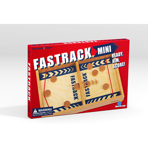 Fastrack Mini game by Blue Orange U.S.A. featuring a wooden game board with two scoring areas and discs. The bright red box is marked with 'READY, AIM, SCORE!' and includes a warning label. Perfect for family fun and competitive play.
