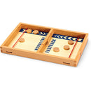 Fastrack game by Blue Orange U.S.A. featuring a wooden board with two opposing sides, each containing a smooth surface and red elastic bands, alongside wooden pucks to slide. Ideal for fast-paced competition and family fun.
