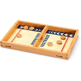 Fastrack game by Blue Orange U.S.A. featuring a wooden board with two opposing sides, each containing a smooth surface and red elastic bands, alongside wooden pucks to slide. Ideal for fast-paced competition and family fun.