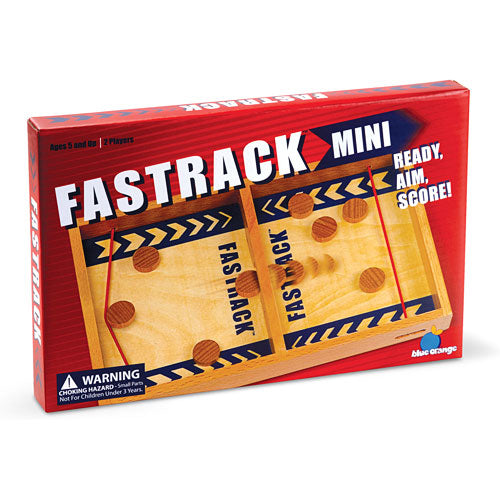 Fastrack Mini game by Blue Orange USA, featuring a compact design suitable for 2 players. The red box displays the game's title and contains a wooden board with targets and wooden pucks, promoting quick reflexes and hand-eye coordination. The packaging emphasizes the fun and competitive nature of the game, making it ideal for family and friends.