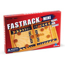 Fastrack Mini game by Blue Orange USA, featuring a compact design suitable for 2 players. The red box displays the game's title and contains a wooden board with targets and wooden pucks, promoting quick reflexes and hand-eye coordination. The packaging emphasizes the fun and competitive nature of the game, making it ideal for family and friends.