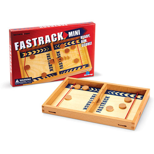 Fastrack game by Blue Orange U.S.A. presented in a colorful red and blue box. The game features a wooden board with two goal areas and multiple wooden pucks. The package reads 'Fastrack Mini - Ready, Aim, Score!' Perfect for fast-paced competitive play with family and friends.