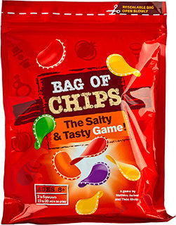 A vibrant red bag of Chips by Blue Orange U.S.A., featuring colorful chip illustrations on the front. The package indicates it is a game for ages 8 and up, emphasizing 'The Salty & Tasty Game.' The bag is resealable and showcases a playful design, making it appealing for family game night.