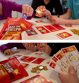 A vibrant bag of chips game by Blue Orange U.S.A. displayed on a table. Players are engaged, holding cards and tokens, showcasing moments of excitement and strategy. The colorful game pieces and cards highlight the fun and social aspects of this board game.