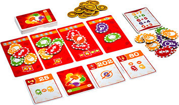 A vibrant board game set from Blue Orange U.S.A., featuring colorful cards and tokens. The setup includes red game cards with different values, colorful tokens, and scoring cards, all arranged on a white background. Ideal for family game nights and social gatherings.