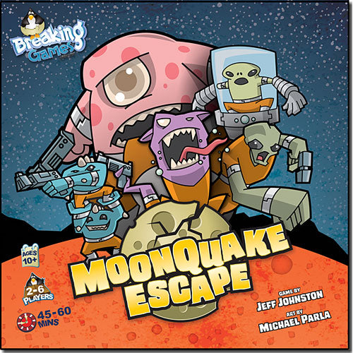 MoonQuake Escape game box by Breaking Games featuring colorful cartoon characters including a pink monster, robots, and an alien, set against a space backdrop. The packaging highlights its 2-6 players, ages 10+, 45-60 minutes gameplay time, designed by Jeff Johnston with artwork by Michael Parla.