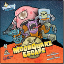 MoonQuake Escape game box by Breaking Games featuring colorful cartoon characters including a pink monster, robots, and an alien, set against a space backdrop. The packaging highlights its 2-6 players, ages 10+, 45-60 minutes gameplay time, designed by Jeff Johnston with artwork by Michael Parla.