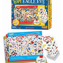 I Spy Eagle Eye game by Briarpatch Inc. features a colorful game box displayed alongside game cards and a play mat covered in various objects. Players will find hidden items and use the 'Ding! Ding!' bell in the game for added excitement.