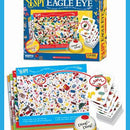 I Spy Eagle Eye game by Briarpatch Inc featuring colorful images of various objects arranged on a vibrant background. The packaging displays examples of the cards included, emphasizing visual puzzle elements and playful details. Perfect for family game night, enhancing observational skills and fun.