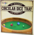 A circular wooden dice tray, measuring 12 inches in diameter, with a plush green felt interior. The tray features a smooth wooden finish and is designed for home gaming. Three colorful dice are shown rolling inside the tray, enhancing its gaming appeal.