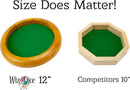 Brybelly Circle Wooden Dice Tray featuring a 12-inch round design with a vibrant green felt interior. The tray is shown beside a smaller hexagonal competitor's tray, emphasizing its larger size.