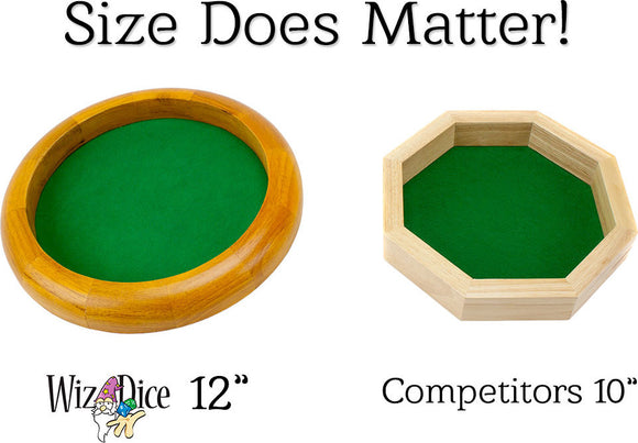 Brybelly Circle Wooden Dice Tray featuring a 12-inch round design with a vibrant green felt interior. The tray is shown beside a smaller hexagonal competitor's tray, emphasizing its larger size.