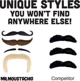 A display of unique and stylish fake mustaches from Mr. Moustachio, showcasing ten different designs with various colors and shapes, labeled as 'Mr. Moustachio' and 'Competitor'. The styles include small and large mustaches in black, brown, and blonde shades, emphasizing their uniqueness.
