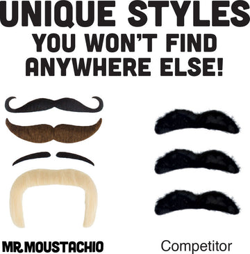 A display of unique and stylish fake mustaches from Mr. Moustachio, showcasing ten different designs with various colors and shapes, labeled as 'Mr. Moustachio' and 'Competitor'. The styles include small and large mustaches in black, brown, and blonde shades, emphasizing their uniqueness.