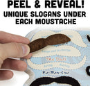 A close-up of Mr. Moustachio's 10 Manliest Mustaches Of All Time product by Brybelly. The image shows a hand peeling off a brown felt mustache revealing unique slogans beneath it. The background illustrates various mustachio motifs, with playful text encouraging users to 'Peel & Reveal!' highlighting the fun and quirky nature of the product.